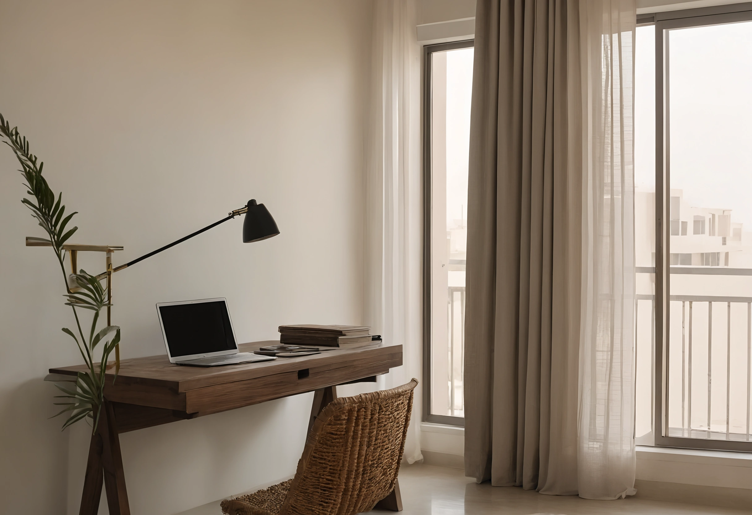 Narrow wooden desk with a laptop and an adjustable black lamp beside a balcony door with sheer and blackout curtains