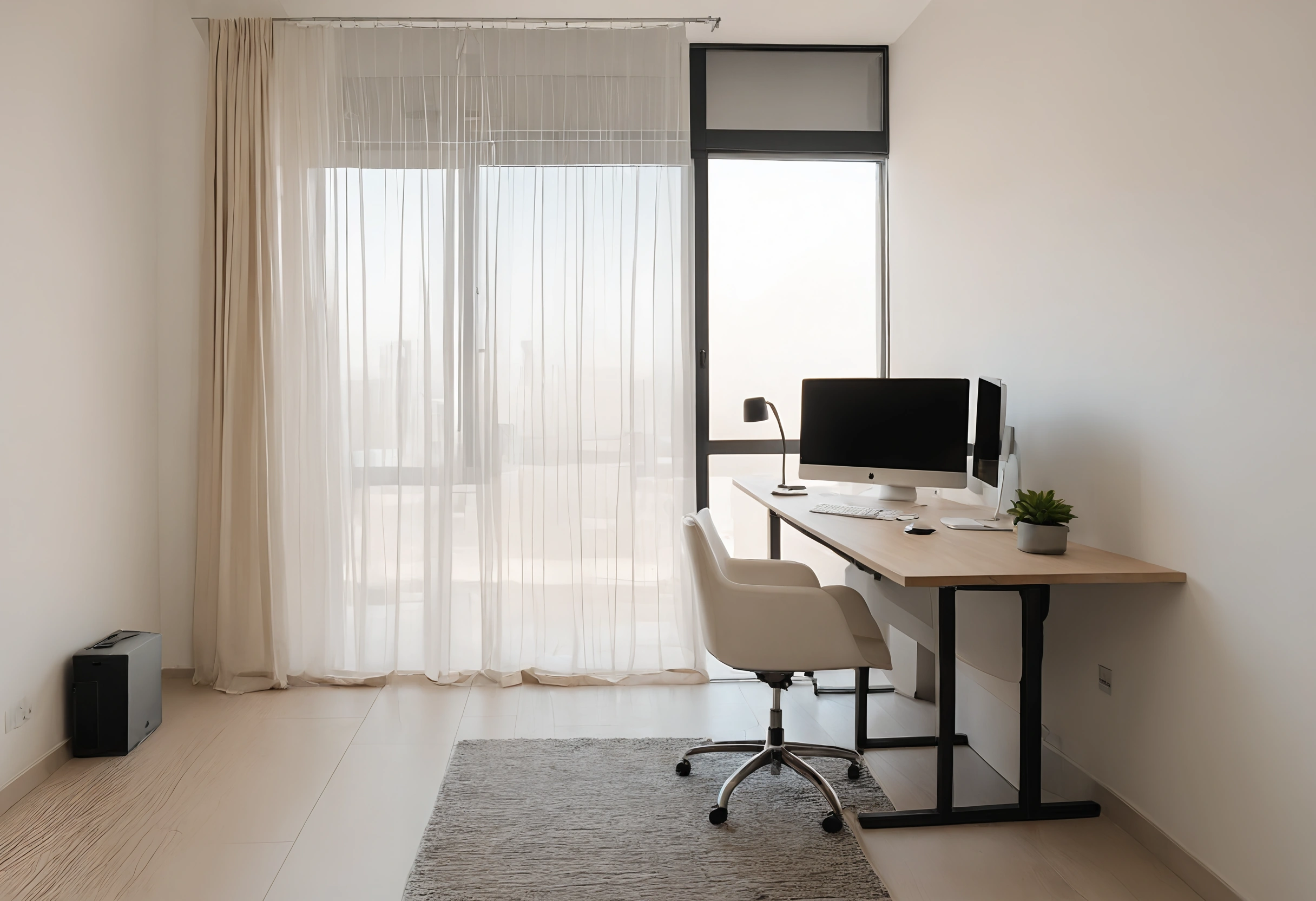 Height-adjustable desk with a single monitor and a task chair in a rented apartment room with sheer curtains